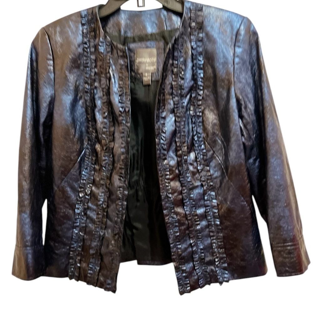 Anthracite By Muse Jacket Metallic Blue Ruffle Fully Lined Open Jacket Size 6.